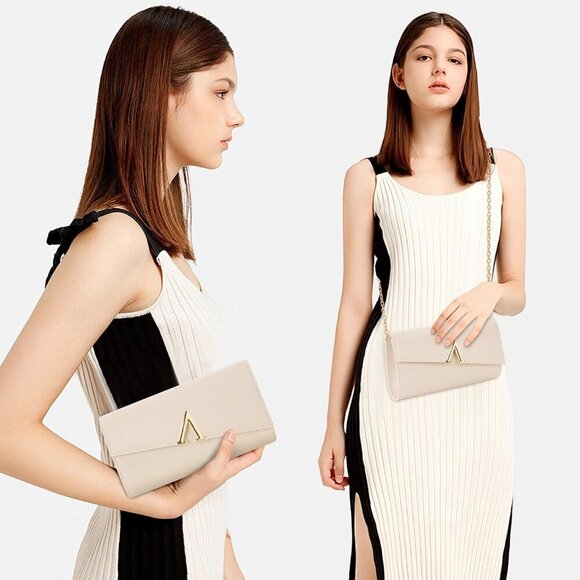 Nude Faux Leather Clutch Purse for Women Evening Bag with Chains for Formal Even - Picture 2 of 7